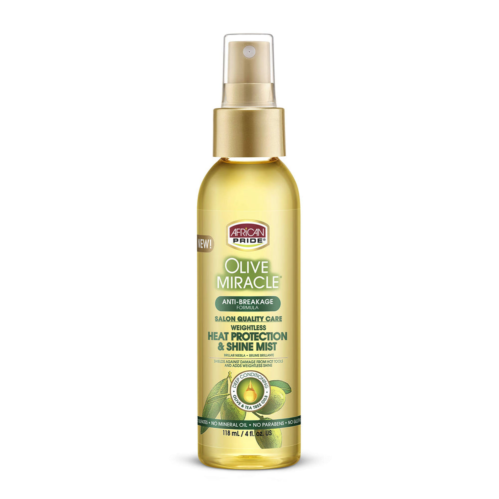 African Pride Olive Miracle protege contra el calor en la botella, brindando peinados sin peso
