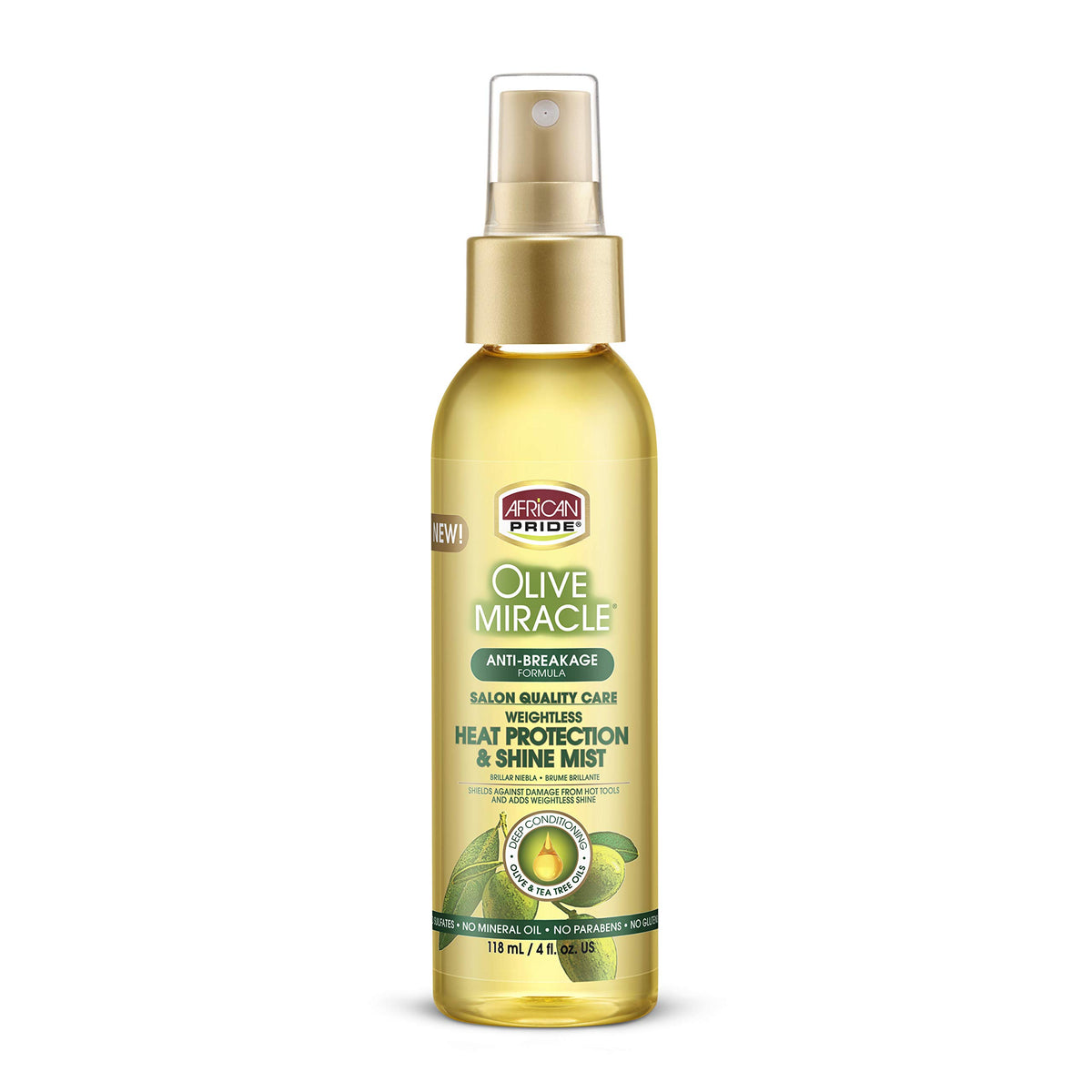 African Pride Olive Miracle protege contra el calor en la botella, brindando peinados sin peso