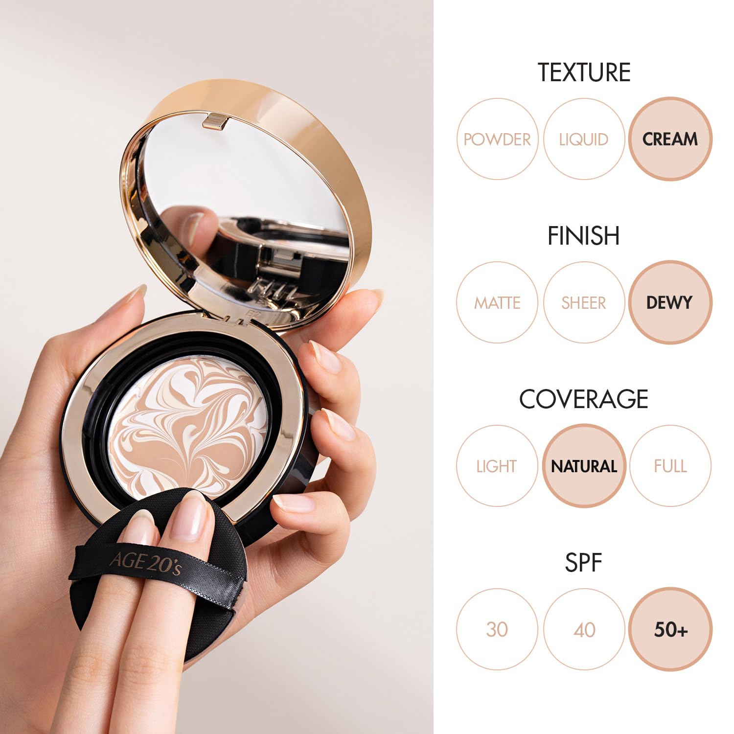AGE 20's Signature Essence Pact SPF50+ con puff, cobertura ligera para poros visibles.