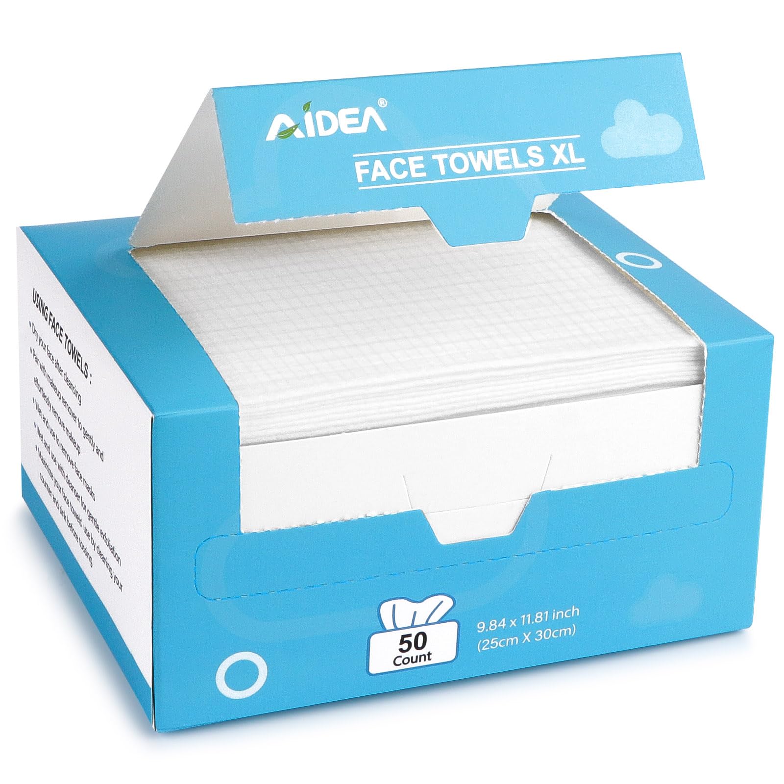 Toallas faciales desechables AIDEA XL, vista frontal del empaque; ideales para limpieza suave.