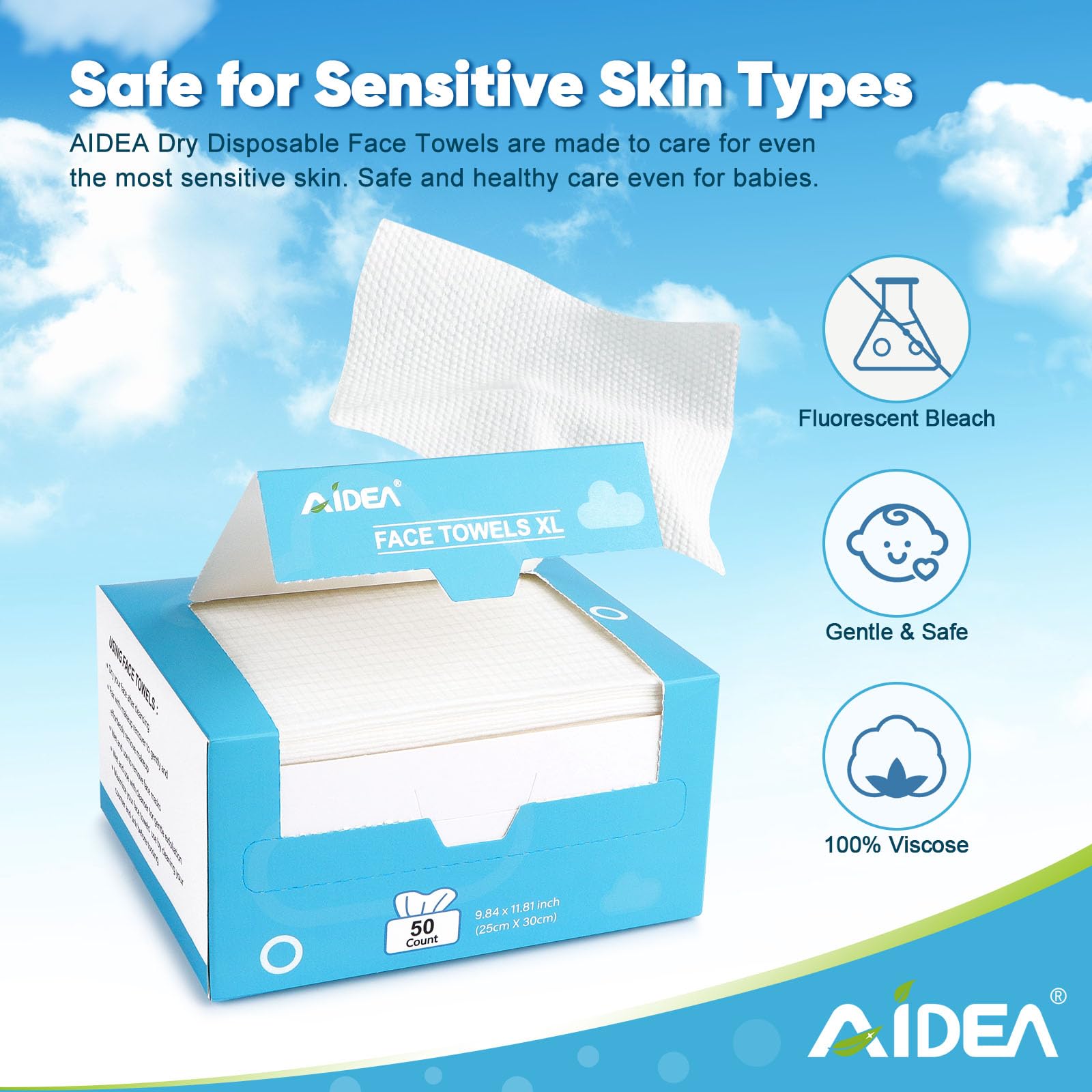 AIDEA XL, toallas faciales desechables, apiladas en el paquete, aptas para uso diario suave.
