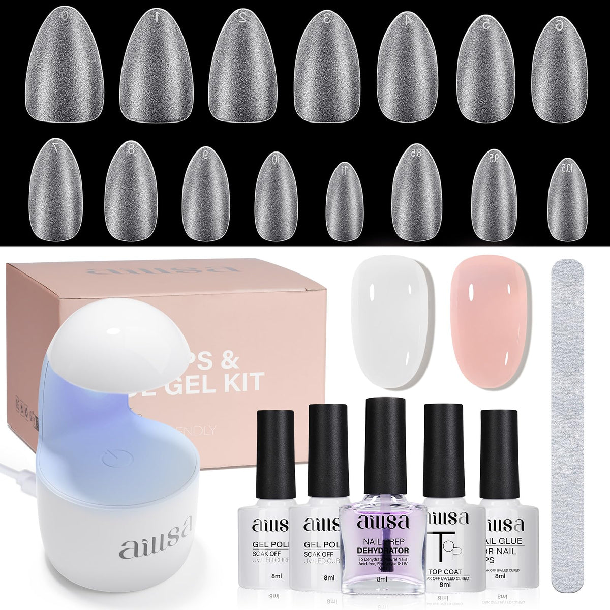 Kit de uñas AILLSA con luz ultravioleta para endurecer y dar brillo.