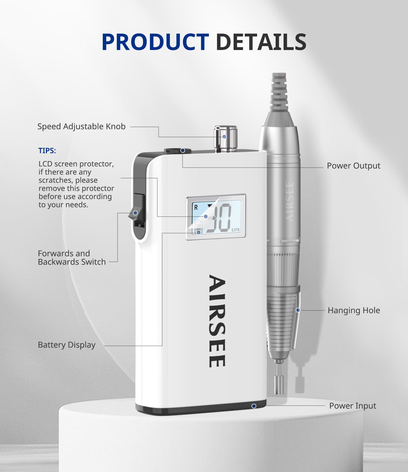 AIRSEE E8 blanco pantalla digital: RPM y batería visibles en tiempo real.