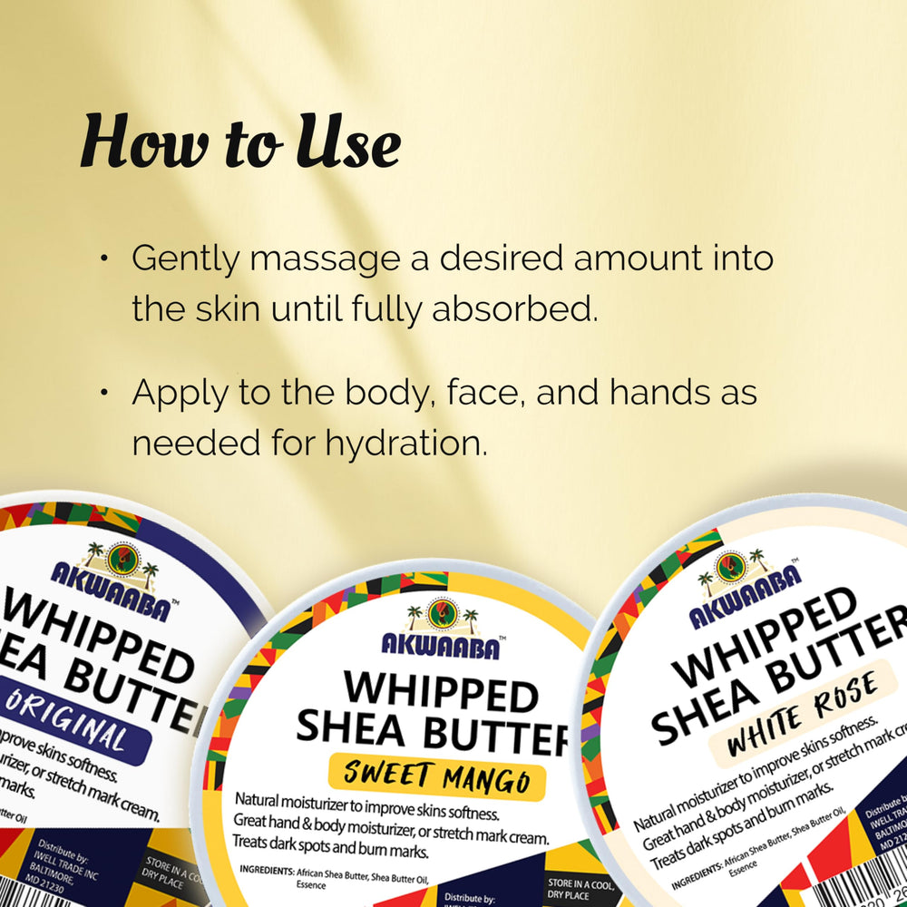AKWAABA Whipped Shea Butter Mango Dulce: absorción rápida para uso diario.