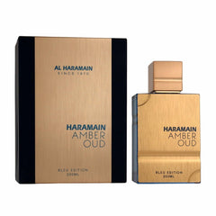 Al Haramain Amber Oud Blue Edition etiqueta premium para colección sofisticada.