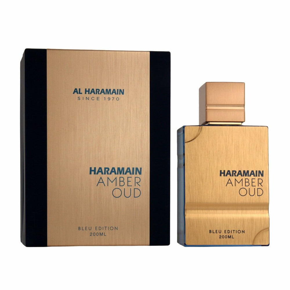 Al Haramain Amber Oud Blue Edition frasco elegante para uso diario.