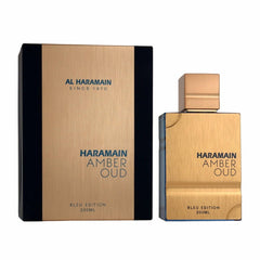 Al Haramain Amber Oud Blue Edition frasco elegante para uso diario.