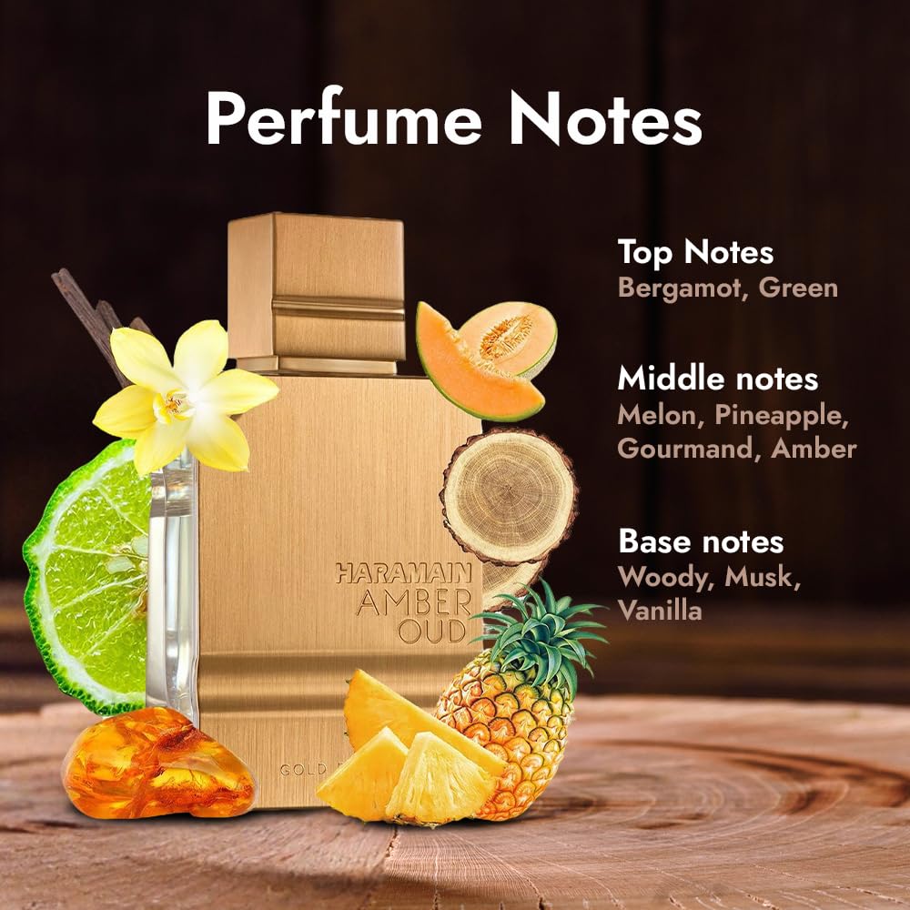 Al Haramain Amber Oud Gold Edition, etiqueta detallada que resalta marca y lujo.