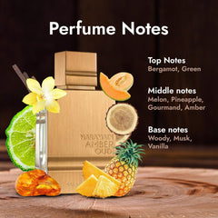 Al Haramain Amber Oud Gold Edition, etiqueta detallada que resalta marca y lujo.