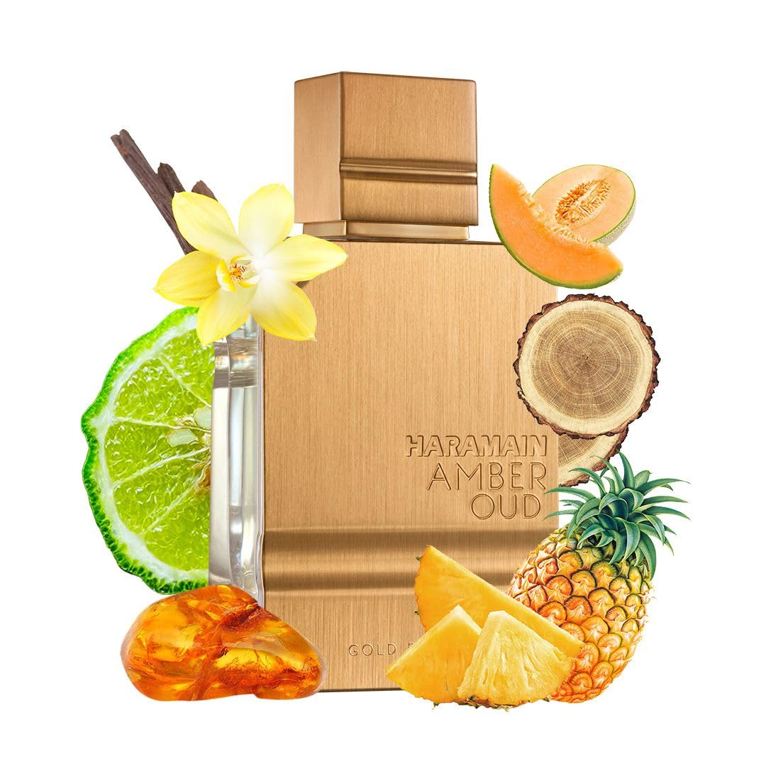 Notas centrales afrutadas con melón y piña, más ámbar cálido en Amber Oud Gold Edition.