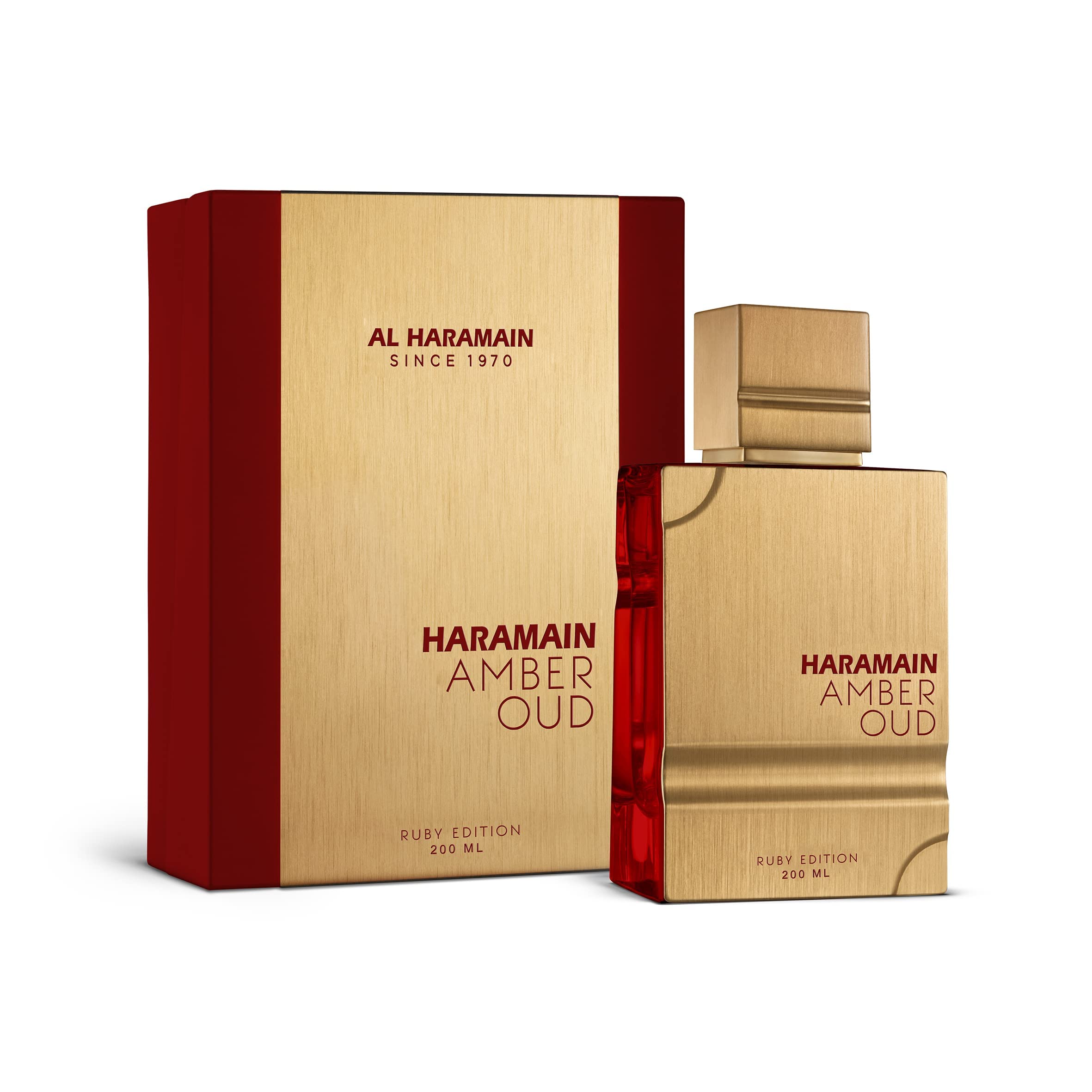 Caja elegante de Al Haramain Amber Oud Ruby Edition, regalo premium.
