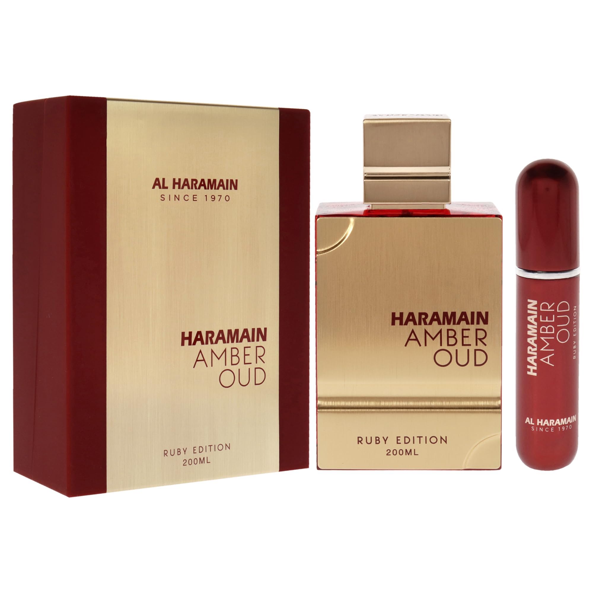 Acercamiento al frasco de Al Haramain Amber Oud Ruby Edition; destaca notas florales y ambar.