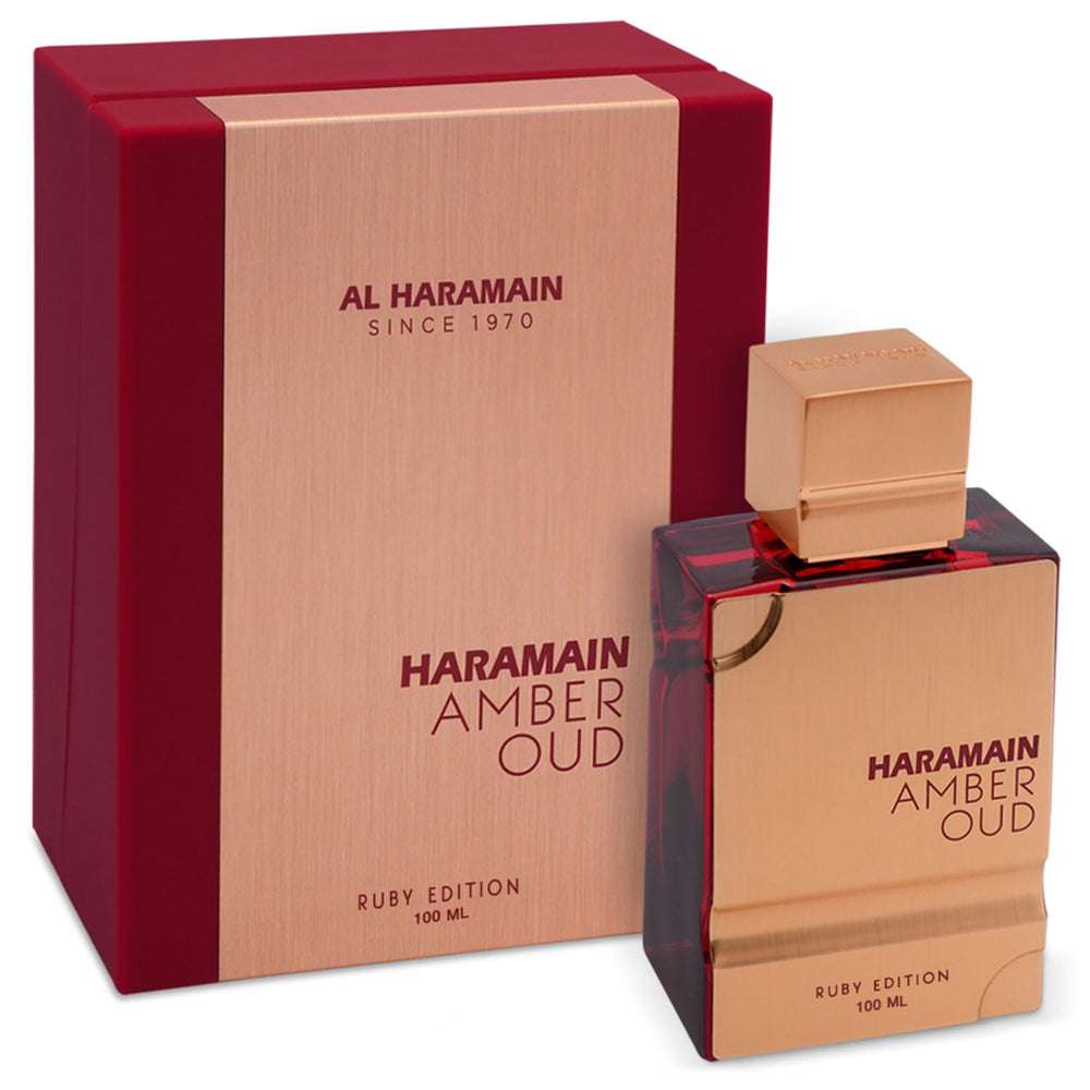 Al Haramain Amber Oud Ruby EDP, botella frontal, aroma versátil para uso diario.