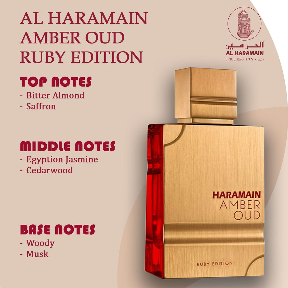 Al Haramain Amber Oud Ruby EDP, uso diario, fragancia duradera y suave.