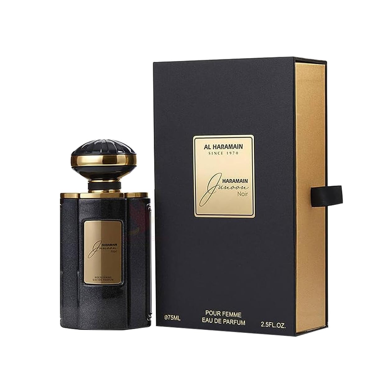 Al Haramain Junoon Noir, botella en detalle, diseño elegante para uso diario.