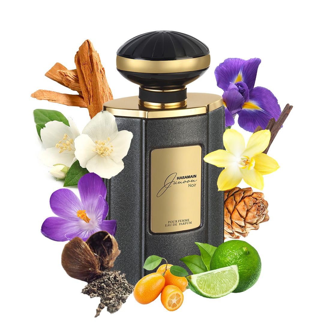 Al Haramain Junoon Noir, botella frontal, ideal para impresionar en ocasiones especiales.