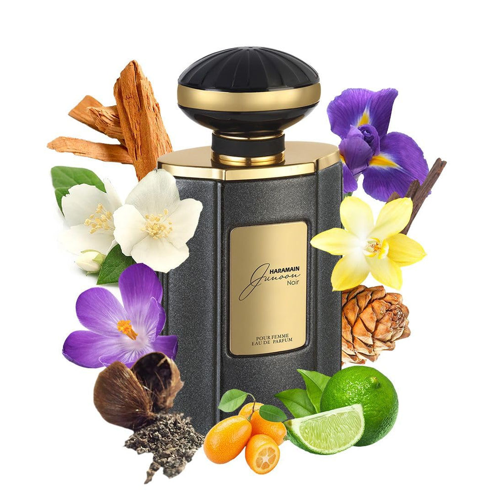 Al Haramain Junoon Noir, botella frontal, ideal para impresionar en ocasiones especiales.