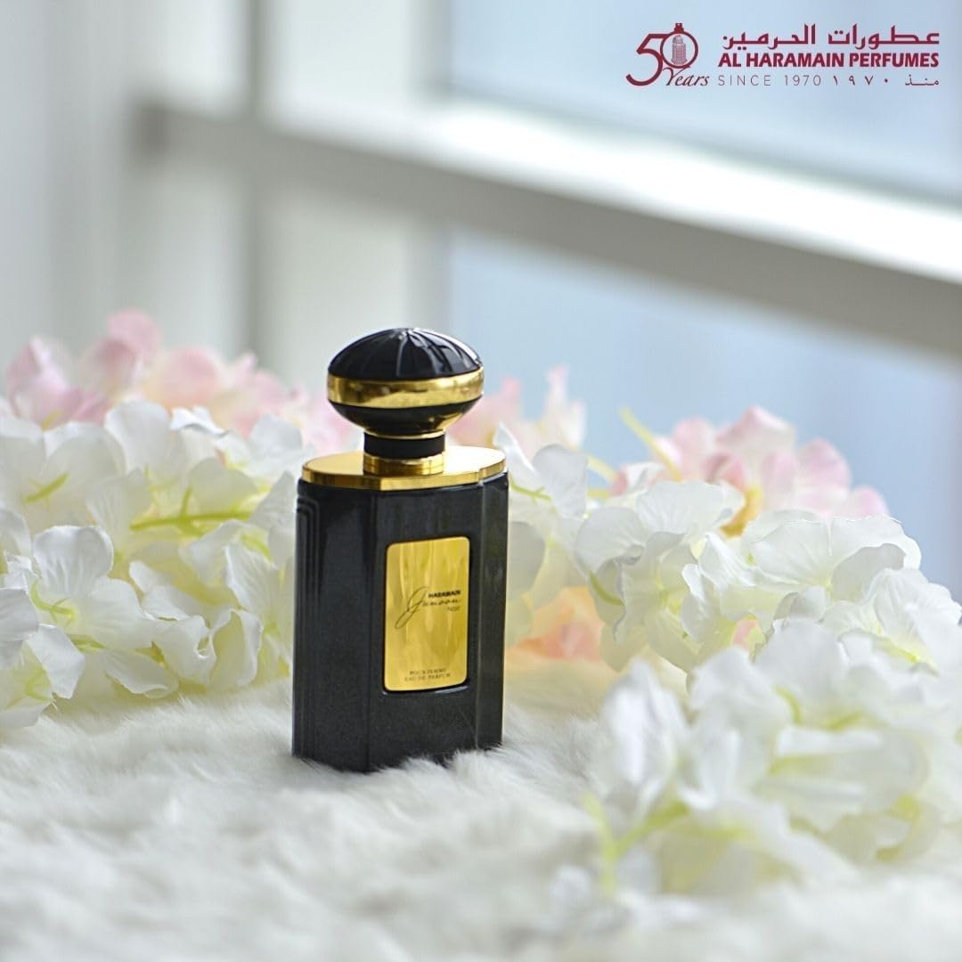 Al Haramain Junoon Noir, etiqueta elegante, ideal para regalo.