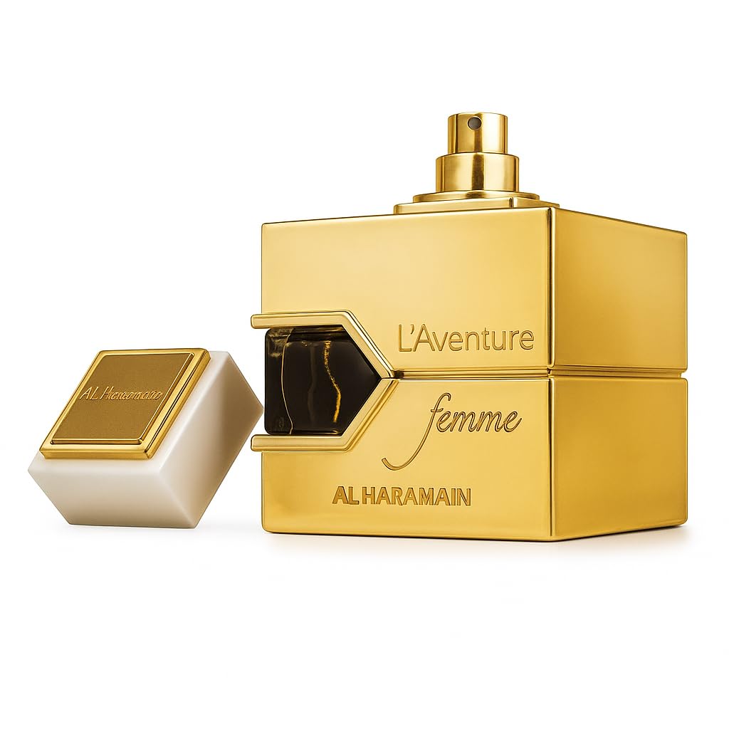 Al Haramain L'Aventure Femme, botella frontal, aroma envolvente para ocasiones especiales.