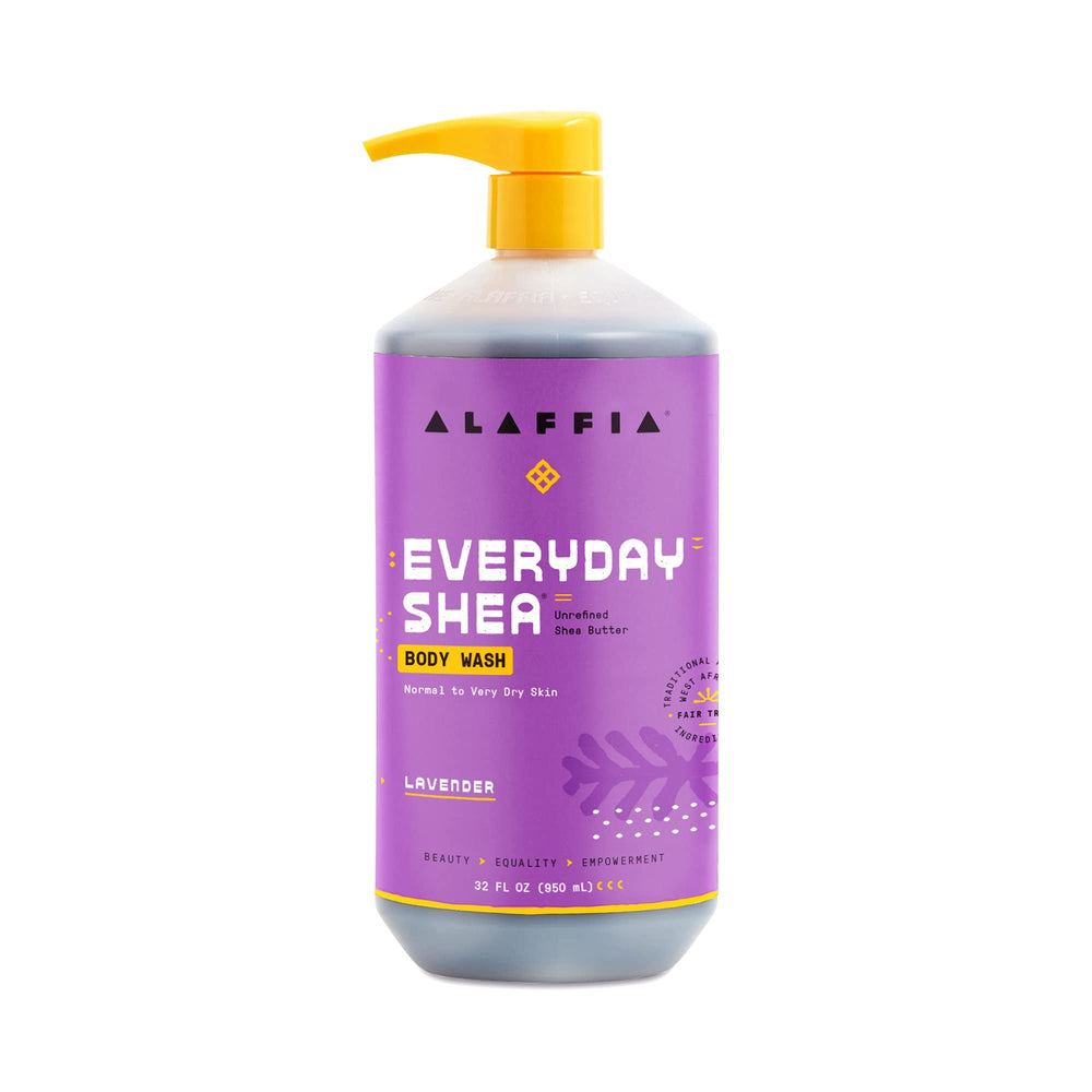 Alaffia gel de ducha con manteca de karité, botella lavanda, limpieza suave e hidratación.