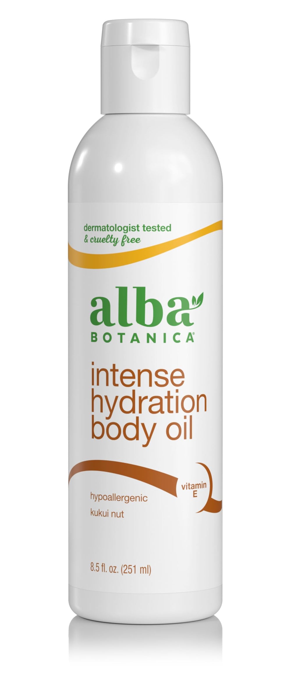 Aceite corporal Alba Botanica Hidratación Intensa en botella, piel suave y nutrida.