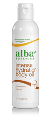 Aceite corporal Alba Botanica Hidratación Intensa en botella, piel suave y nutrida.