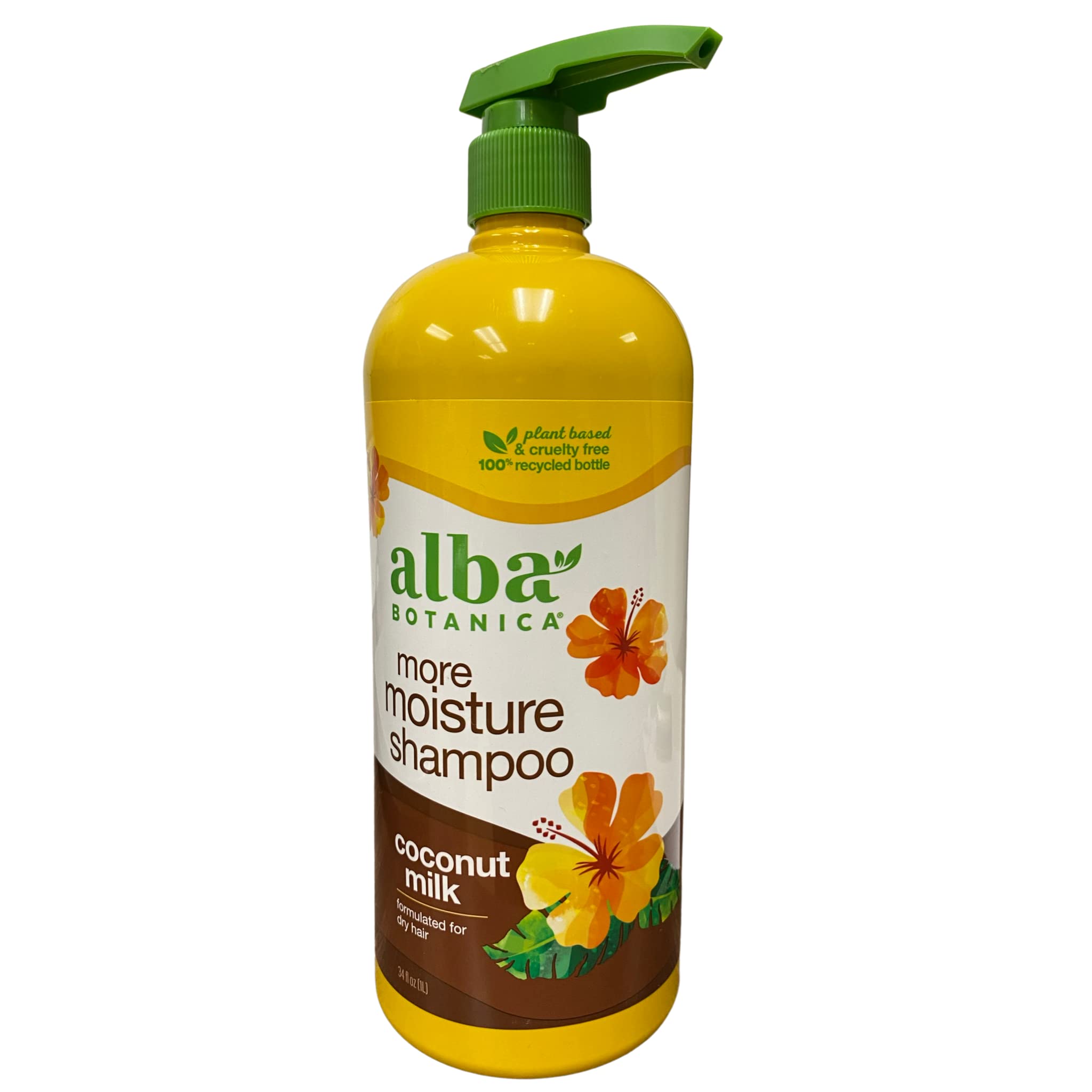 Alba Botanica More Moisture Champú leche de coco, botella en primer plano para hidratación diaria