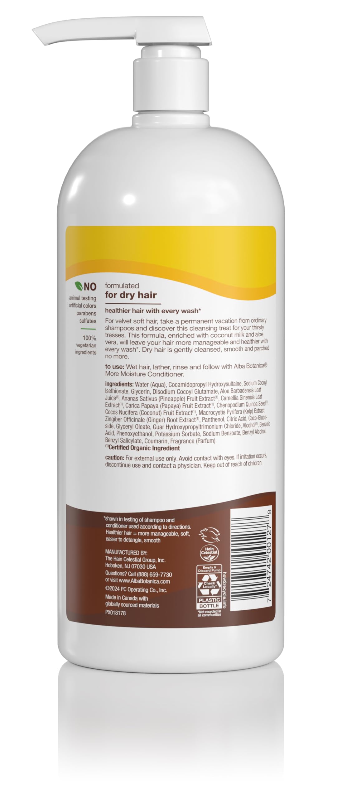 Champú Coco Alba Botanica, botella para cabello seco, hidratación suave.