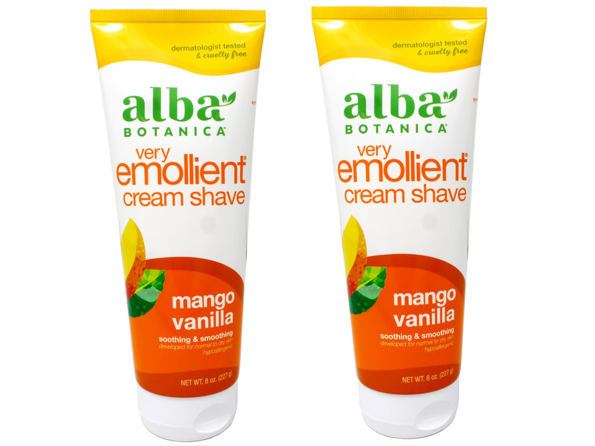 ALBA Botanica Cream Shave Mango Vanilla frente, aroma dulce para afeitado suave.