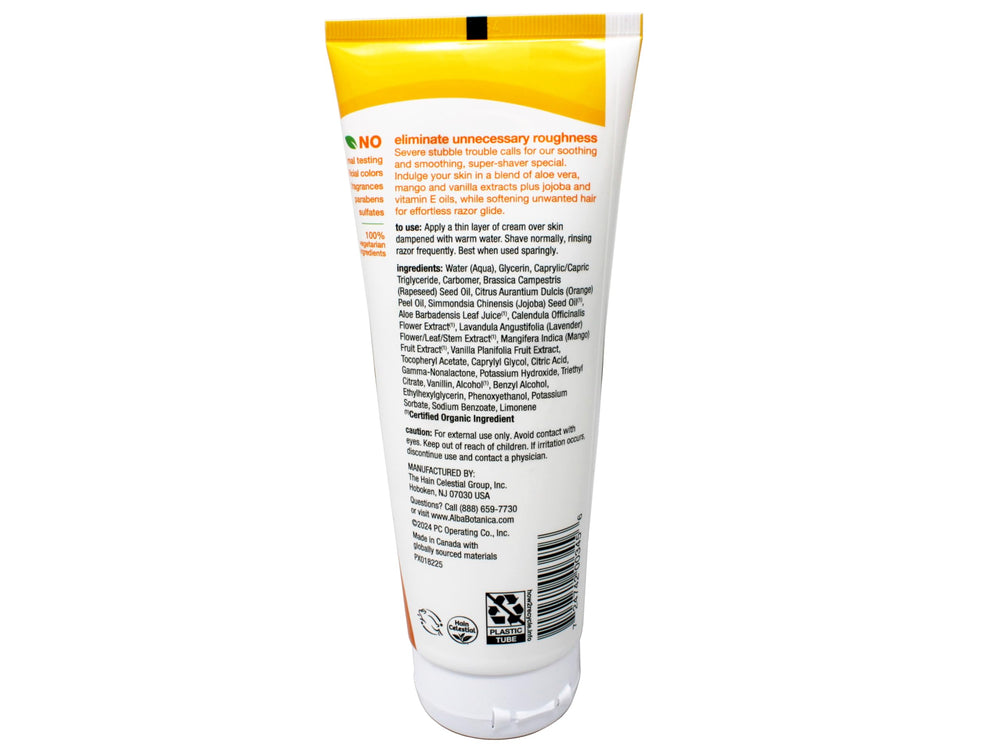 ALBA Botanica Cream Shave Mango Vanilla, texturas cremosas visibles para uso diario.
