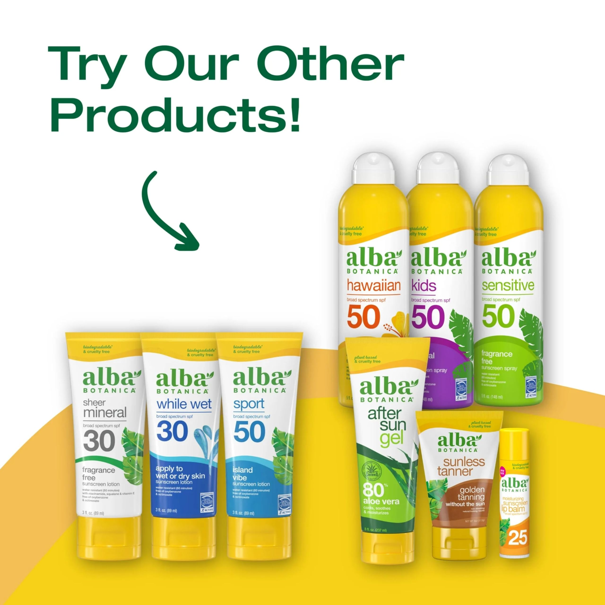 Fórmula biodegradable de Alba Botanica para cuidado responsable de la piel.