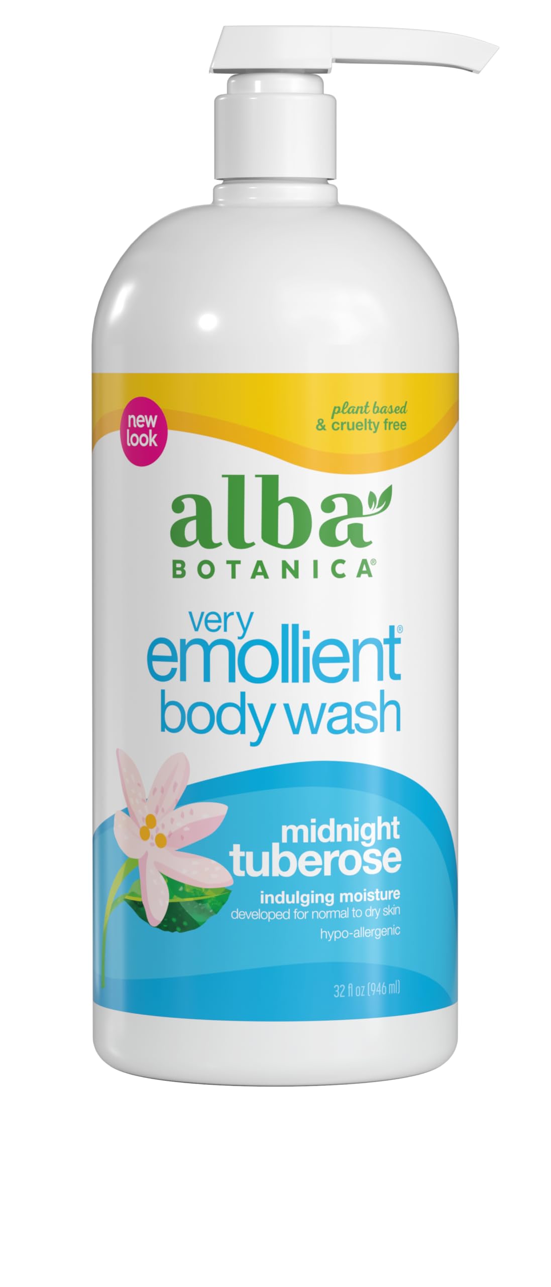Alba Botanica gel de ducha Tuberosa Nocturna en botella, hidratación suave para la piel.
