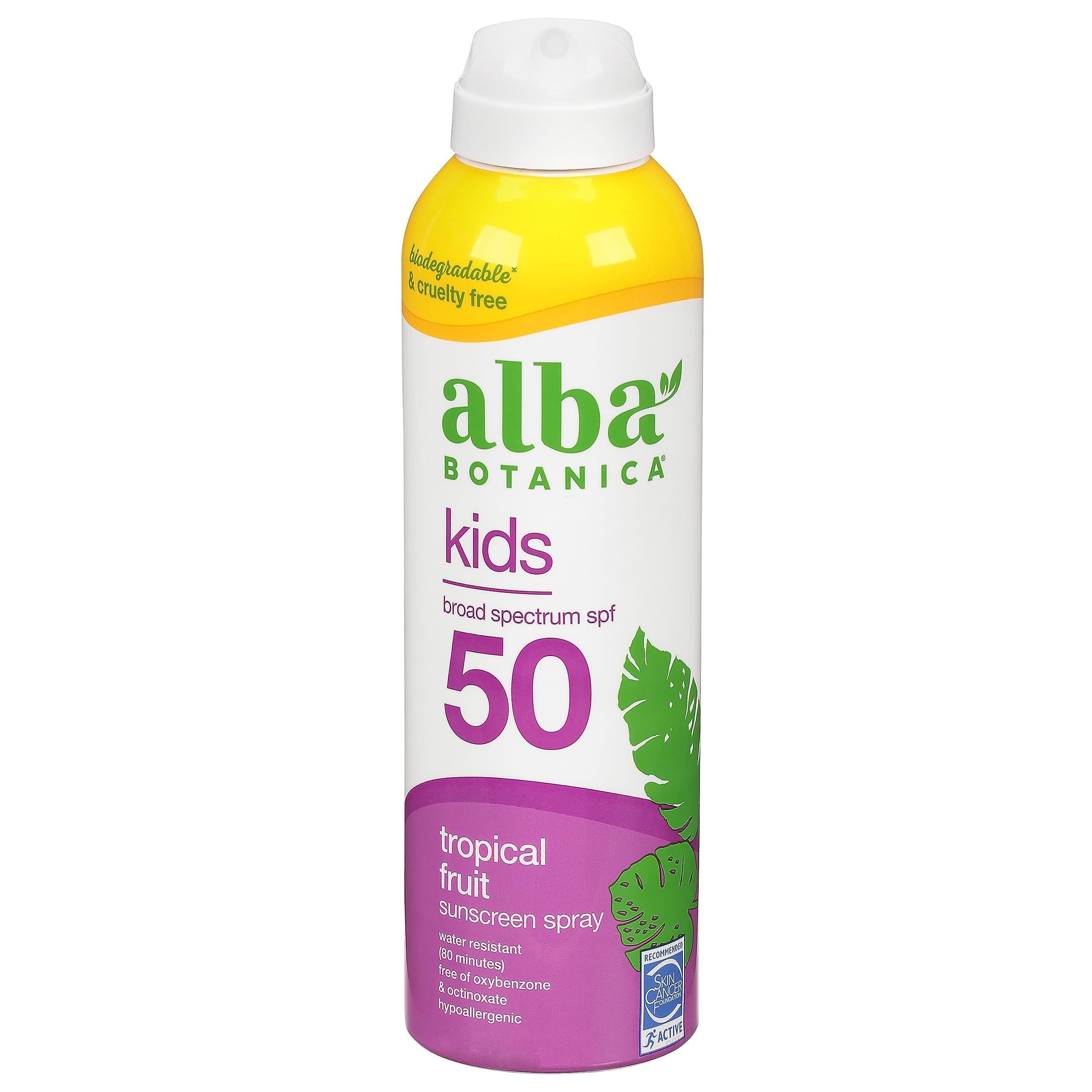Alba Botanica Kids Sunscreen Spray frente, protección SPF 50 para piel sensible.