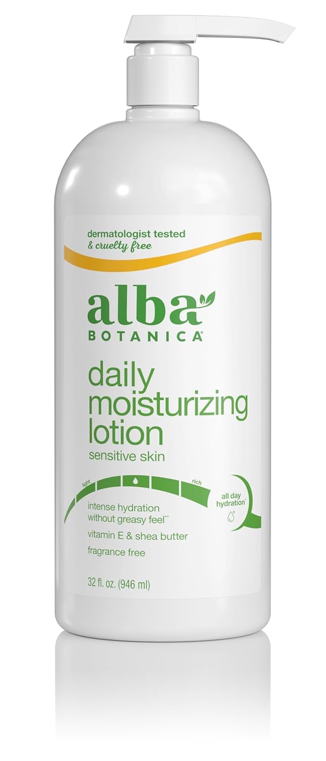 Loción Emoliente Alba Botanica fórmula hipoalergénica para uso diario sin irritación.