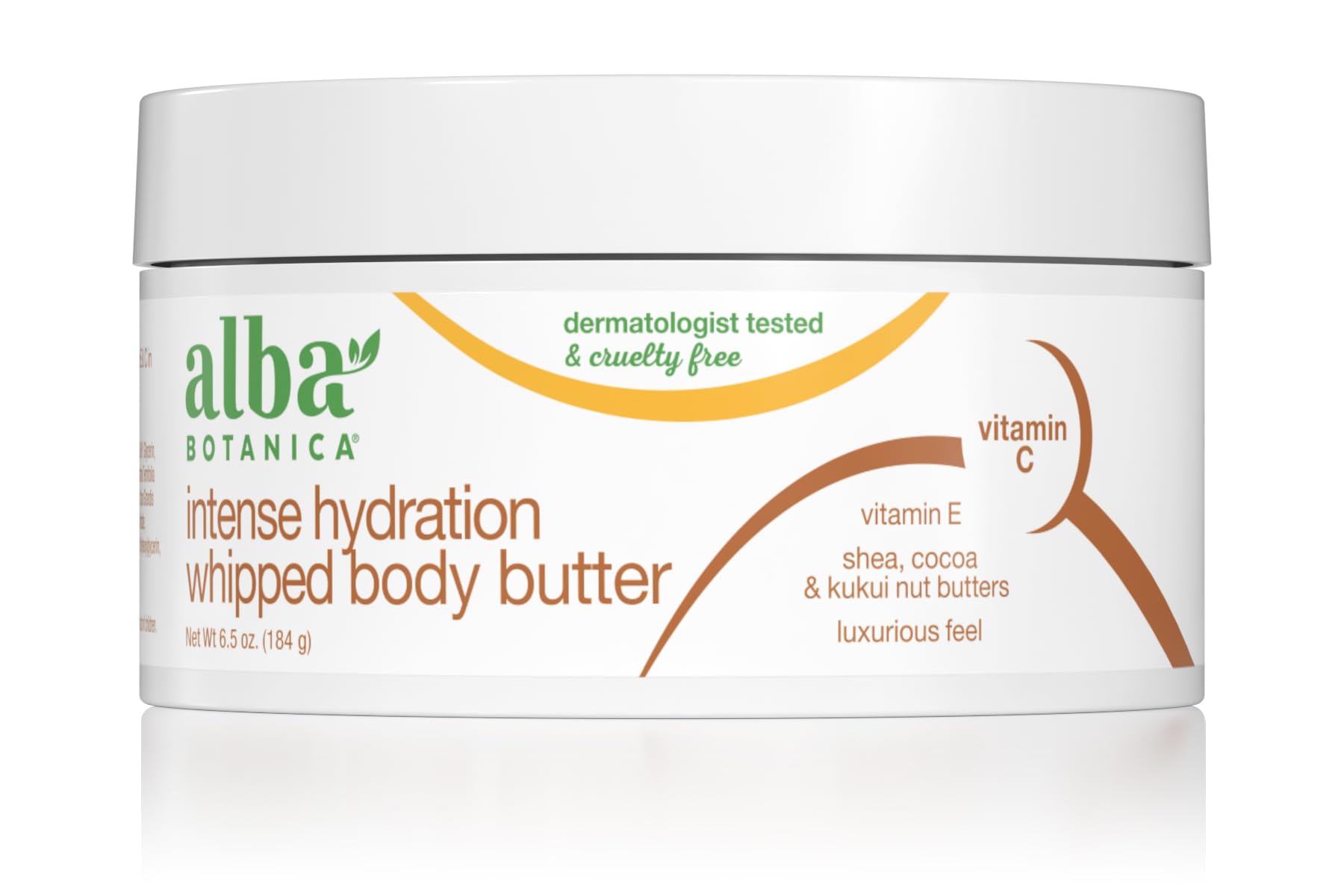 Alba Botanica Mantequilla Corporal Batida: frasco con crema sedosa para hidratación profunda.