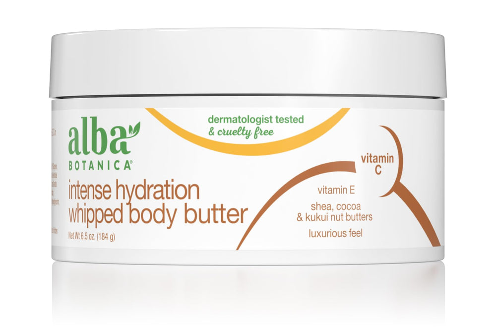 Alba Botanica Mantequilla Corporal Batida: frasco con crema sedosa para hidratación profunda.