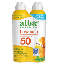 Alba Botanica protector solar hawaiano de coco SPF 50 en aerosol: botella para uso diario al aire libre.