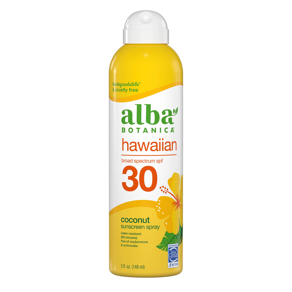 Alba Botanica protector solar en aerosol coco hawaiano: botella lista para protección SPF 30 diaria.