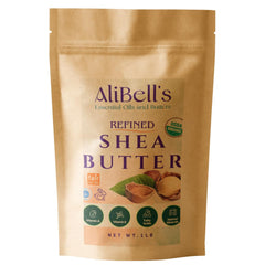 AliBell's Manteca de Karité refinada sin olor, práctico envase de 1 lb para uso continuo.