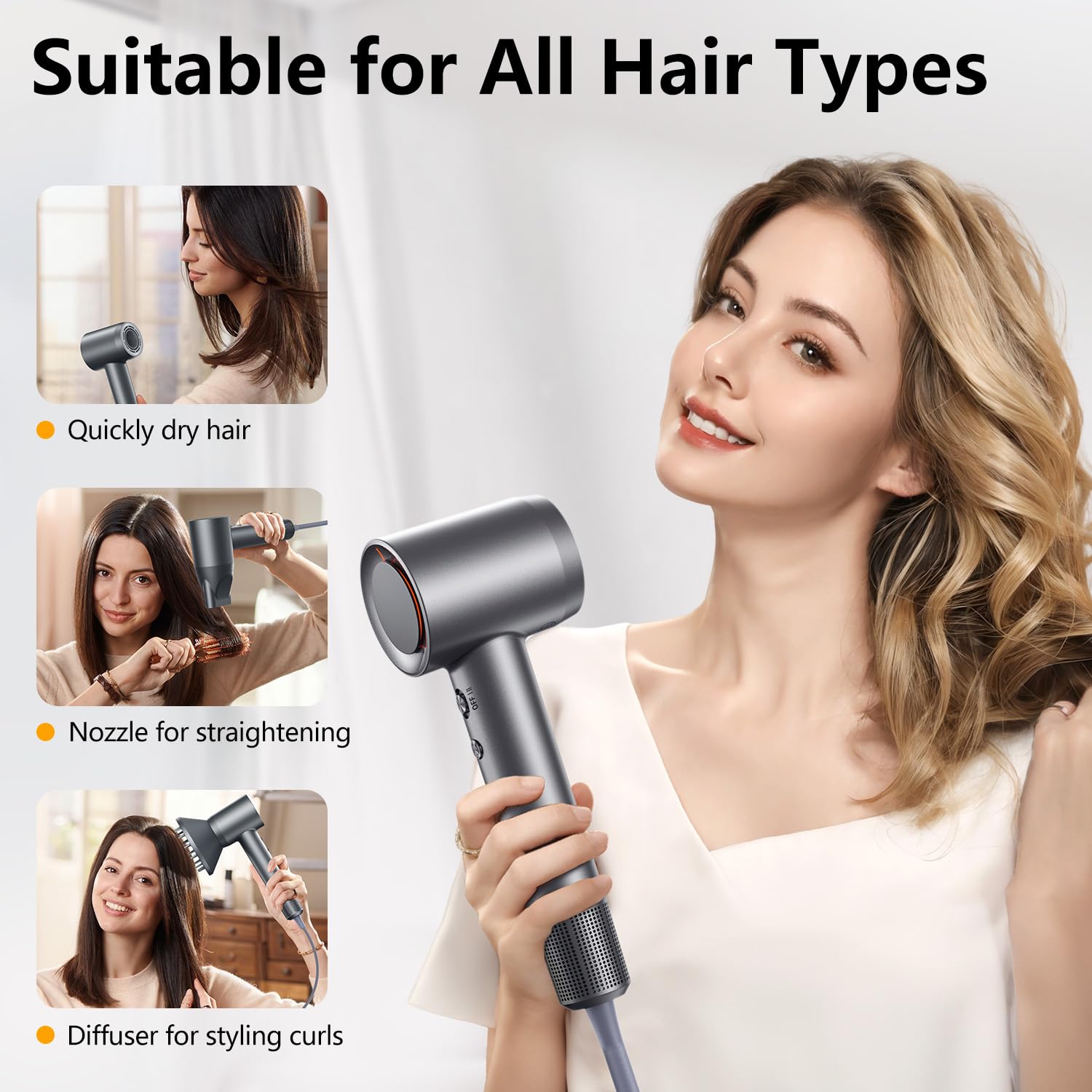 Alloom secador, iones negativos en acción, reduce frizz y suaviza.