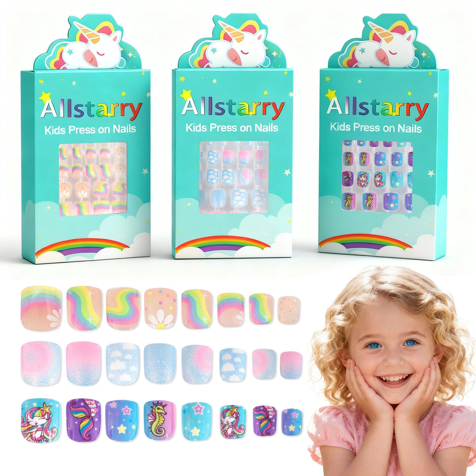 Allstarry uñas postizas para niñas, arcoíris brillantes, ideales para looks divertidos