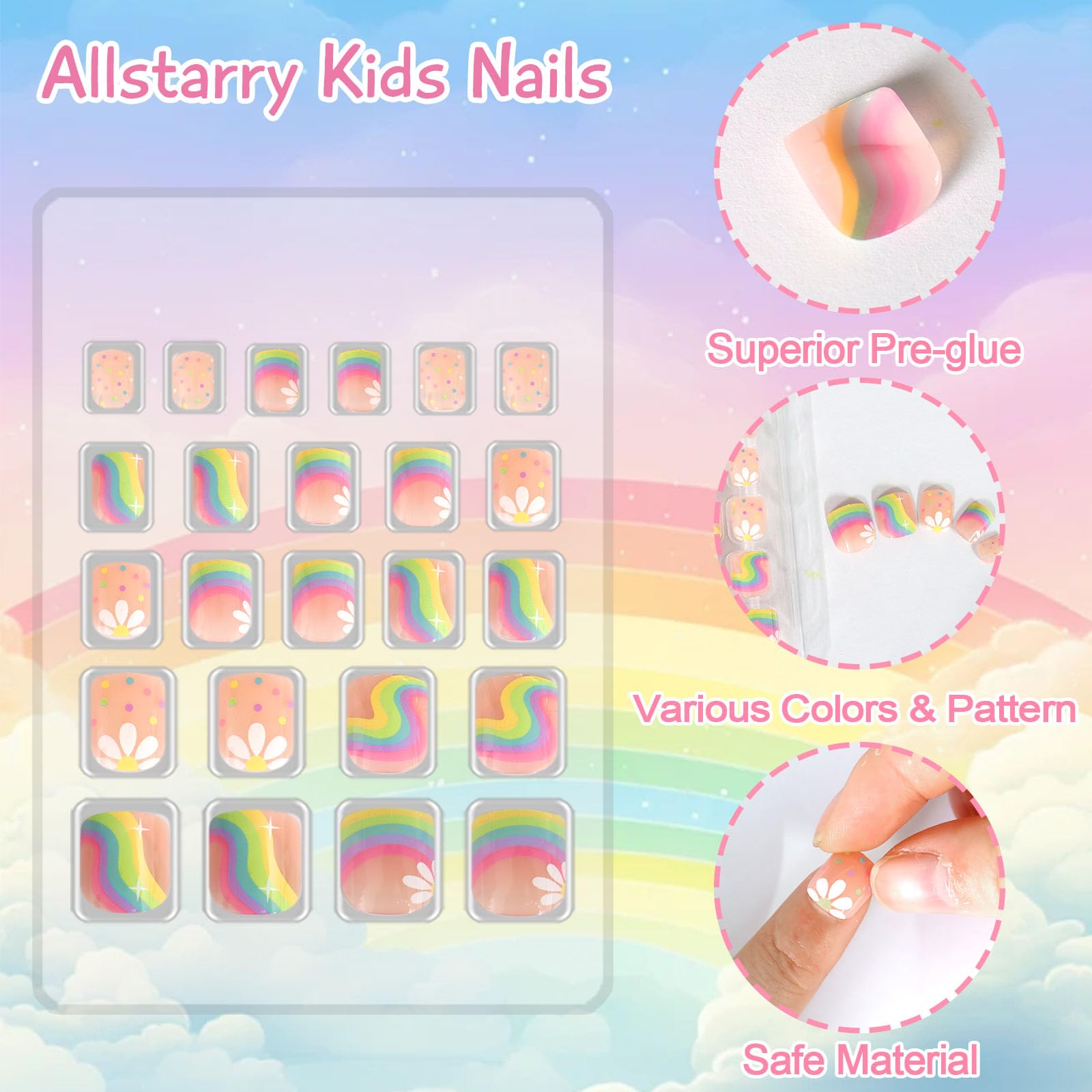 Allstarry uñas postizas para niñas, diseños de flores, perfectas para fiestas y juego creativo