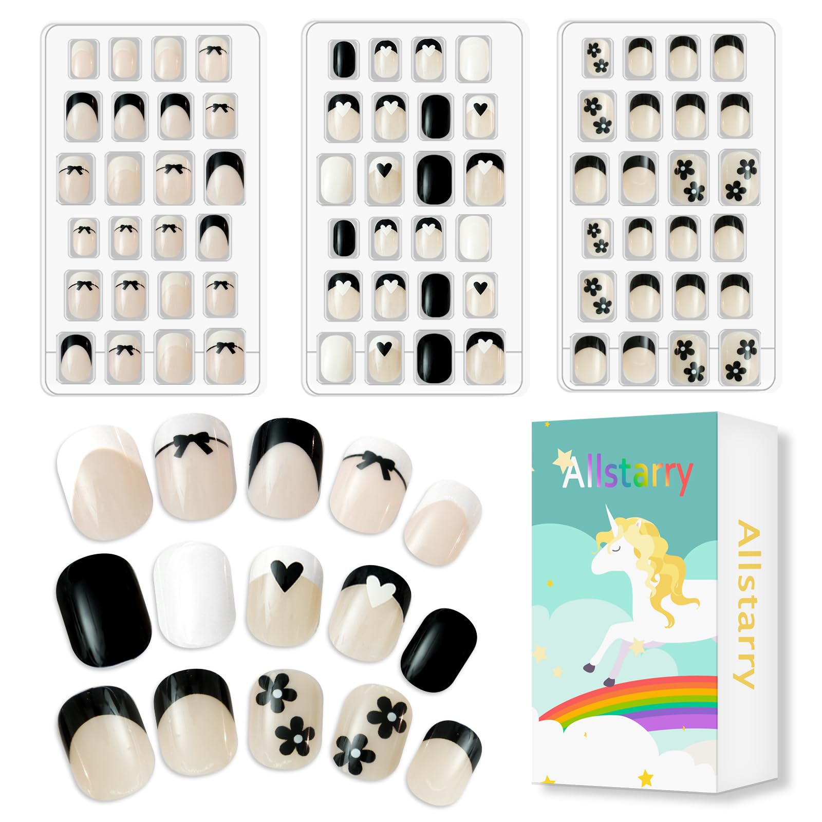 Allstarry uñas press-on para niñas con punta francesa prepegadas, fácil de aplicar.