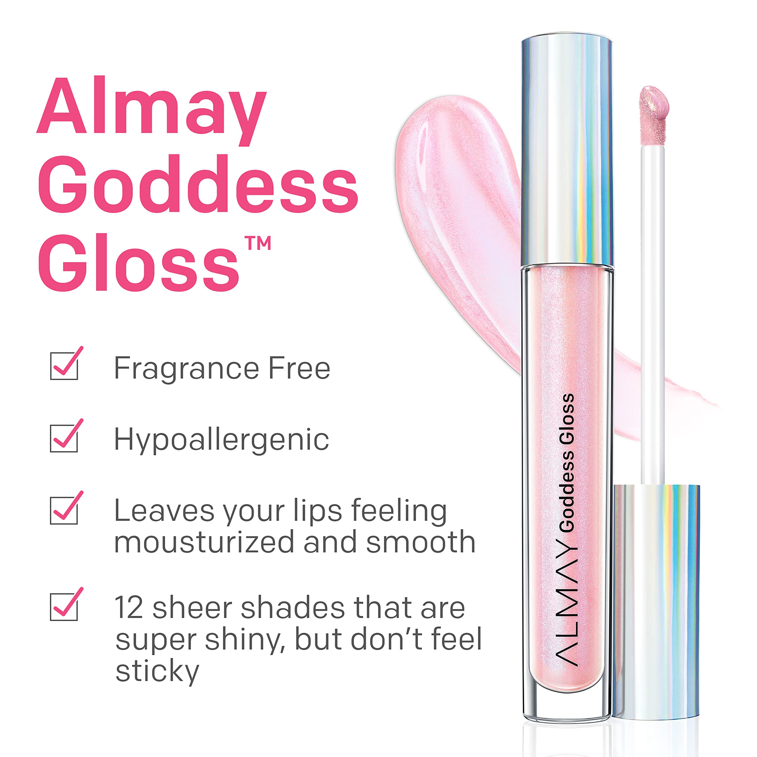 Almay brillo labial holográfico con aplicador felpa para color uniforme.