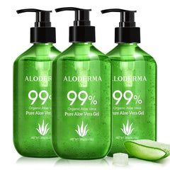 Aloderma gel Aloe 99% en frasco pump, hidratación ligera para rostro y cuerpo.