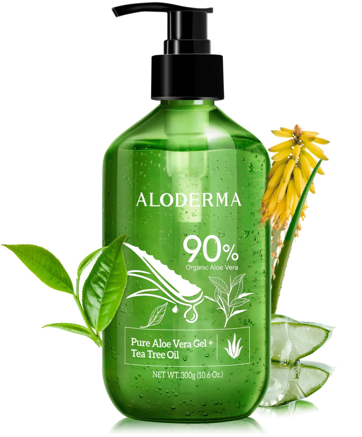 Aloderma gel de Aloe con árbol de té: botella para hidratación suave en la piel.