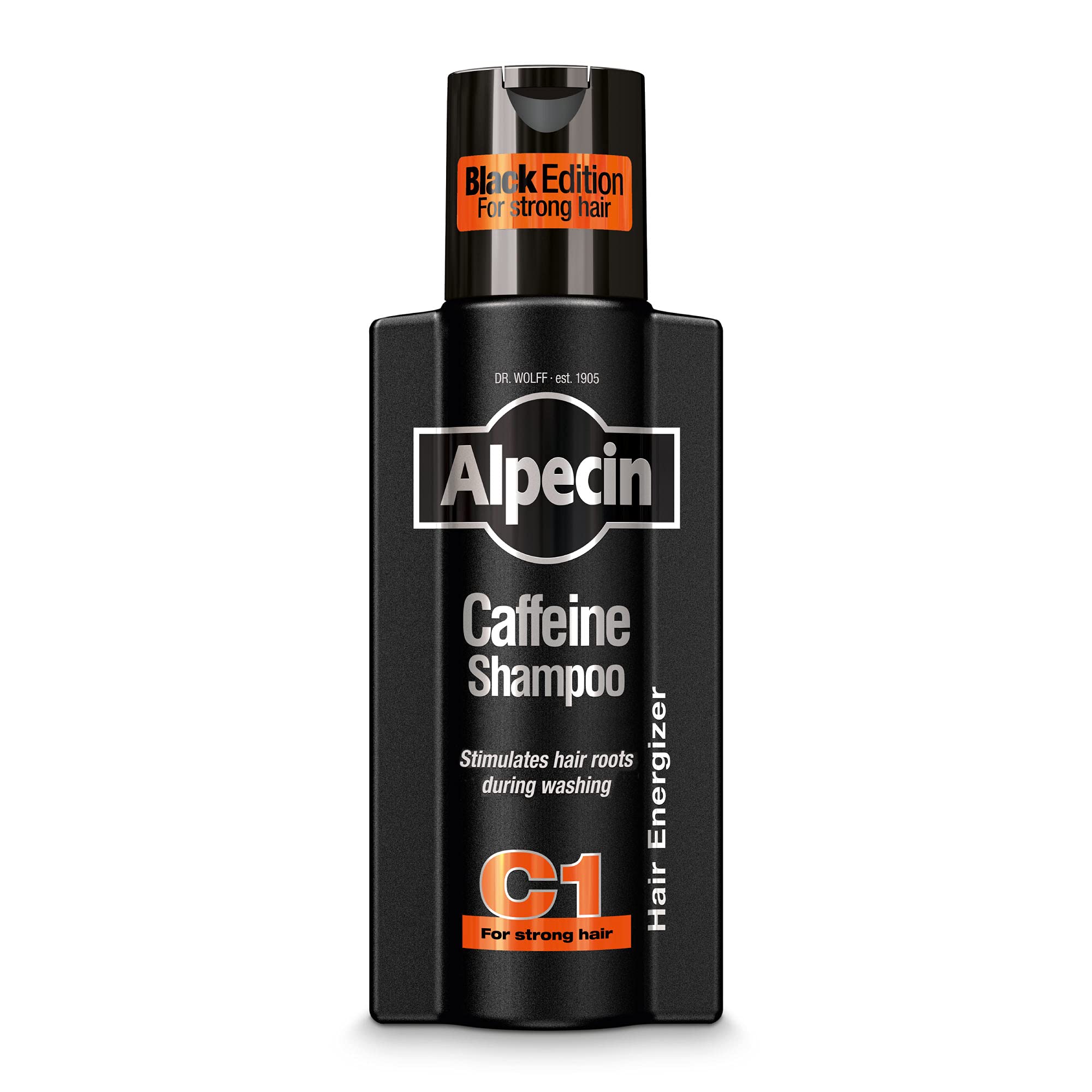 alpecin c1 black edition bottle shown for daily scalp energizing routine.