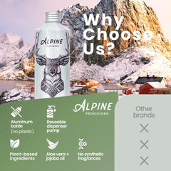 Alpine Provisions Champú natural con aloe y jojoba, enfoque en ingredientes y hidratación suave.