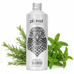 Alpine Provisions Champú natural con romero y menta, botella, limpieza suave y revitalización.