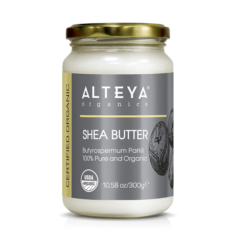 Alteya Organics Manteca de Karité en bote de vidrio, hidratación profunda para piel seca.